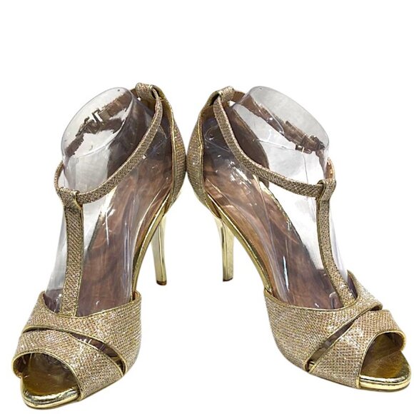 Champagne Gold Metallic T-Strap Heels Size 39 (8.5/9) - Picture 1 of 15
